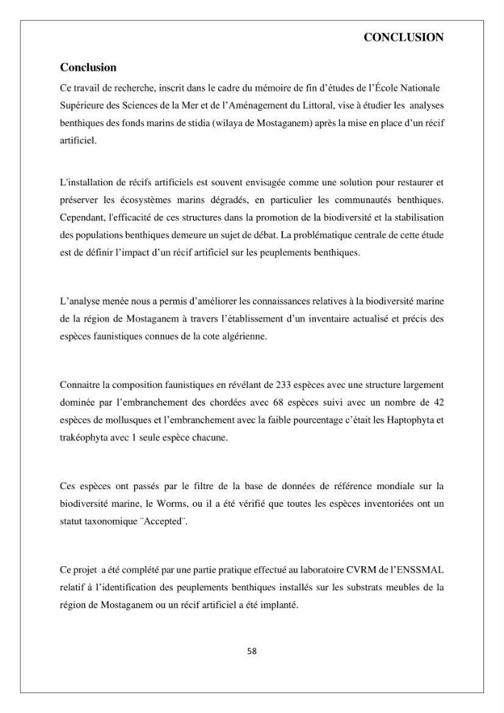 Analyse benthique des fonds marins de Stidia (Wilaya de Mostaganem ) aprés mise en place d\'un récif artificiel