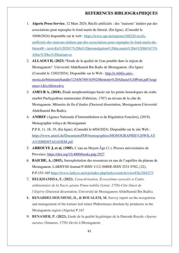 Analyse benthique des fonds marins de Stidia (Wilaya de Mostaganem ) aprés mise en place d\'un récif artificiel