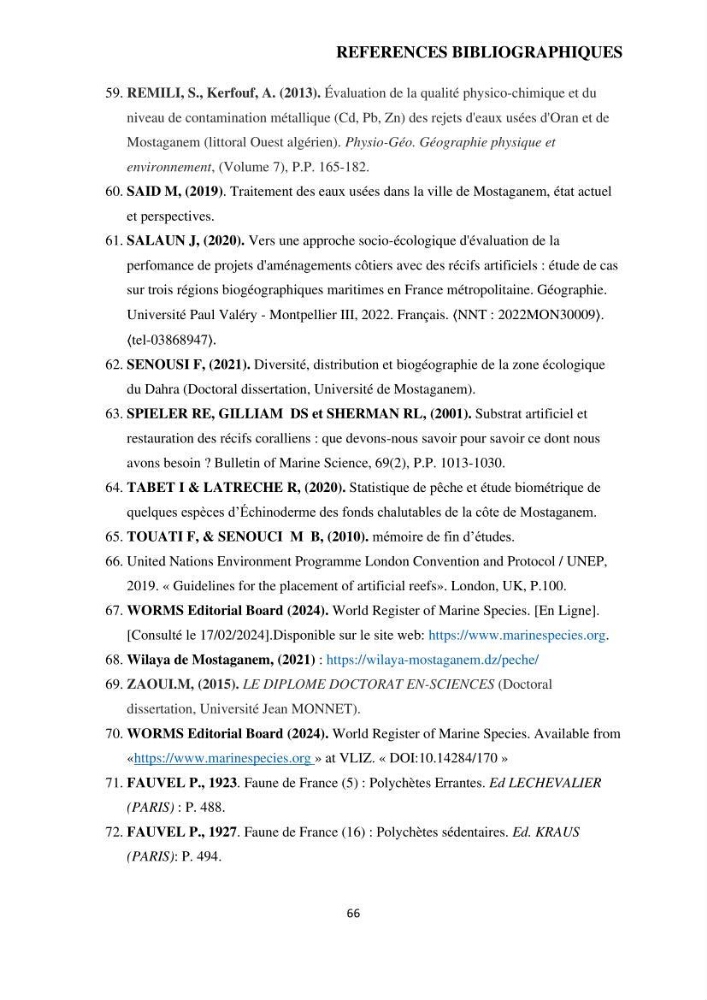 Analyse benthique des fonds marins de Stidia (Wilaya de Mostaganem ) aprés mise en place d\'un récif artificiel