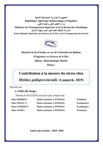 Contribution à la mesure du stress chez Mytilus galloprovincialis (Lamarck, 1819): Contribution à la mesure du stress chez Mytilus galloprovincialis (Lamarck, 1819):