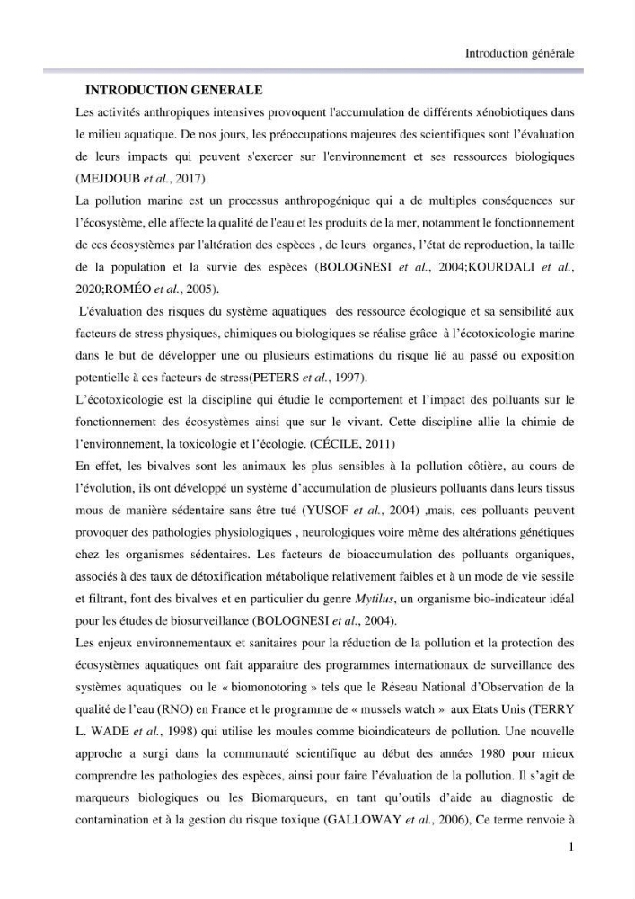 Contribution à la mesure du stress chez Mytilus galloprovincialis (Lamarck, 1819):