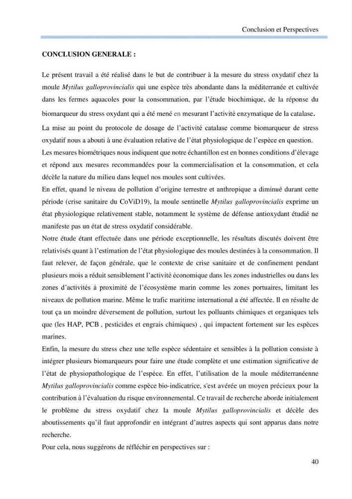 Contribution à la mesure du stress chez Mytilus galloprovincialis (Lamarck, 1819):