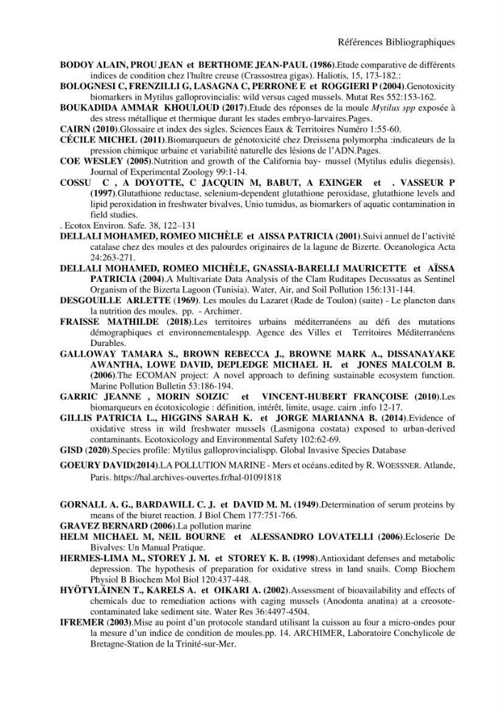 Contribution à la mesure du stress chez Mytilus galloprovincialis (Lamarck, 1819):