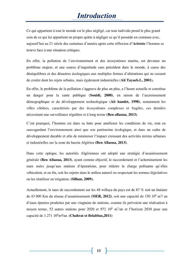 Evaluation des paramètres physico-chimiques et bactériologiques au niveau de la plage El Bahdja avec les apports de l\'Oued Béni-Messous