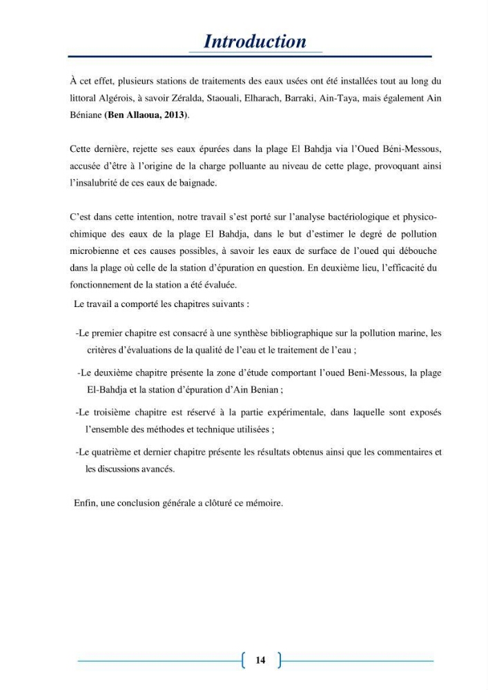 Evaluation des paramètres physico-chimiques et bactériologiques au niveau de la plage El Bahdja avec les apports de l\'Oued Béni-Messous