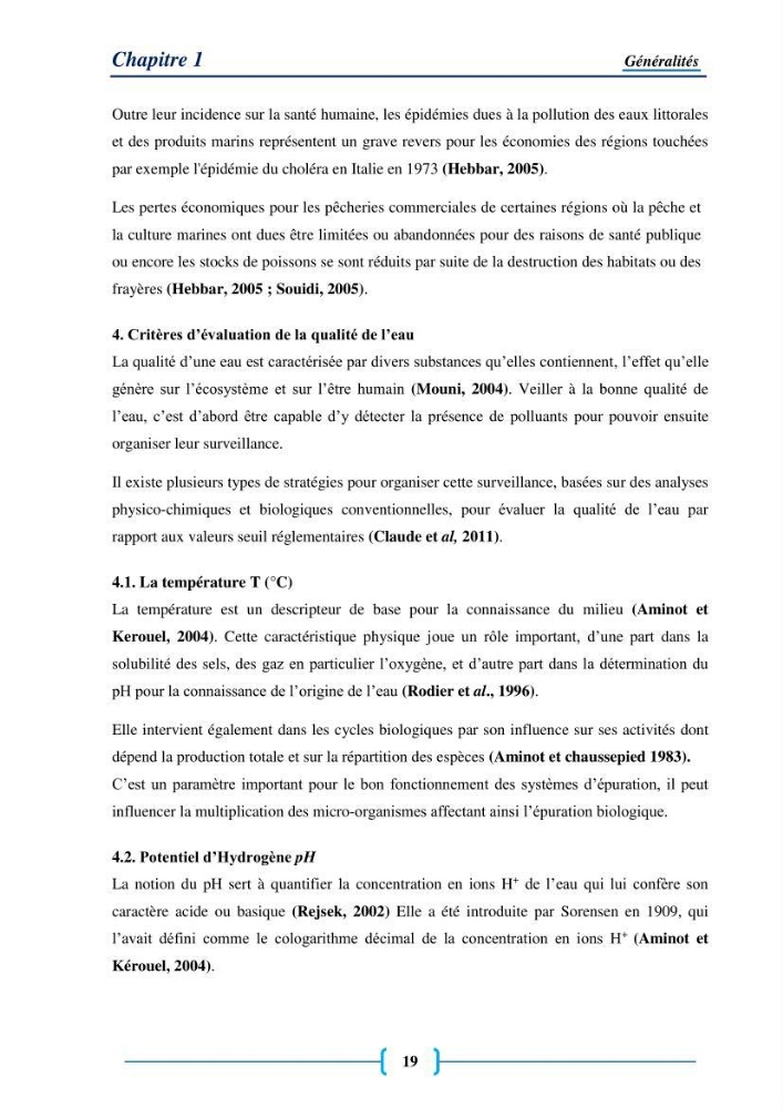 Evaluation des paramètres physico-chimiques et bactériologiques au niveau de la plage El Bahdja avec les apports de l\'Oued Béni-Messous