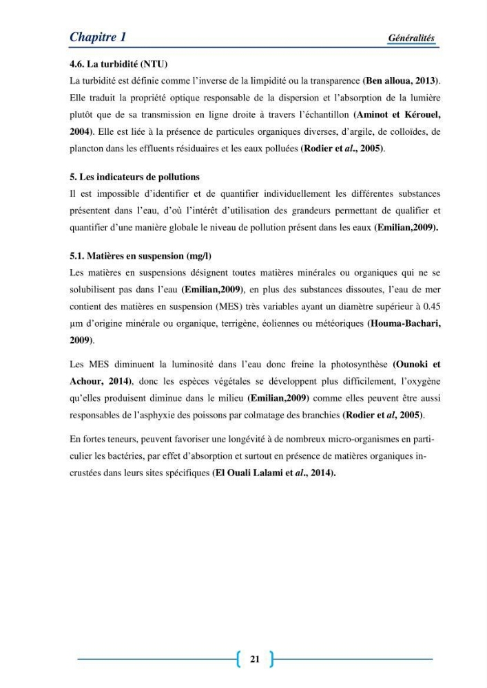 Evaluation des paramètres physico-chimiques et bactériologiques au niveau de la plage El Bahdja avec les apports de l\'Oued Béni-Messous