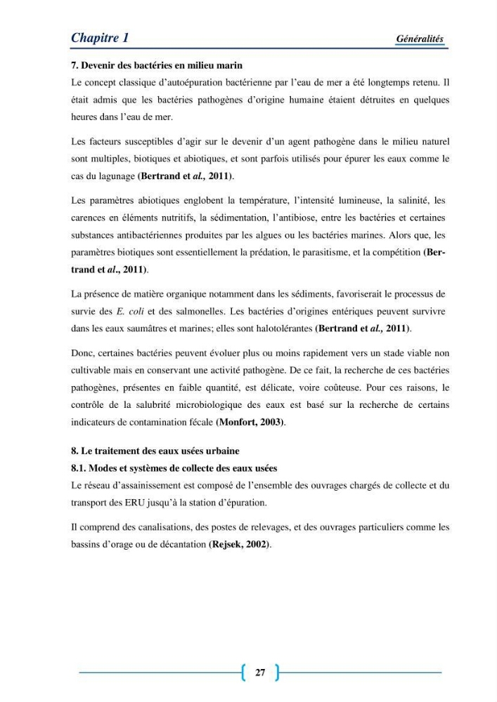 Evaluation des paramètres physico-chimiques et bactériologiques au niveau de la plage El Bahdja avec les apports de l\'Oued Béni-Messous