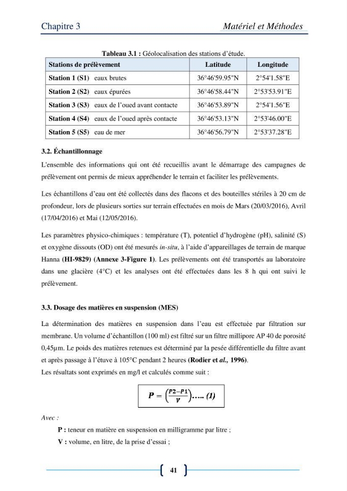 Evaluation des paramètres physico-chimiques et bactériologiques au niveau de la plage El Bahdja avec les apports de l\'Oued Béni-Messous