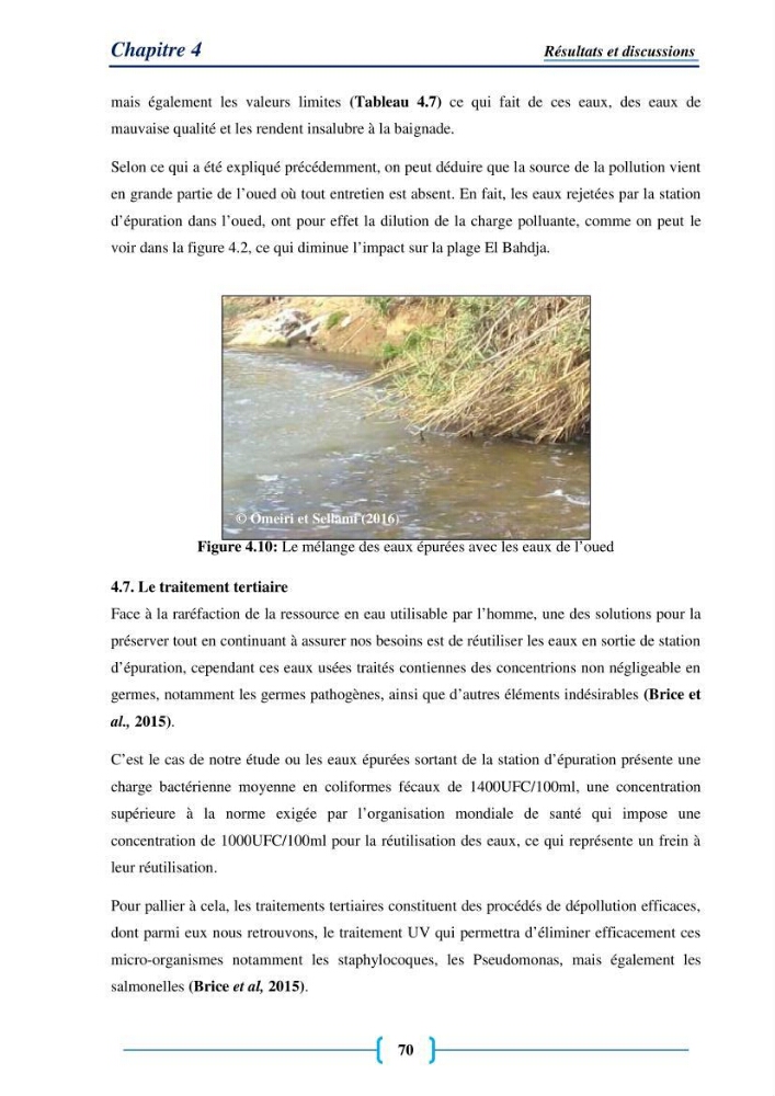 Evaluation des paramètres physico-chimiques et bactériologiques au niveau de la plage El Bahdja avec les apports de l\'Oued Béni-Messous