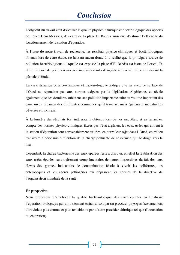 Evaluation des paramètres physico-chimiques et bactériologiques au niveau de la plage El Bahdja avec les apports de l\'Oued Béni-Messous