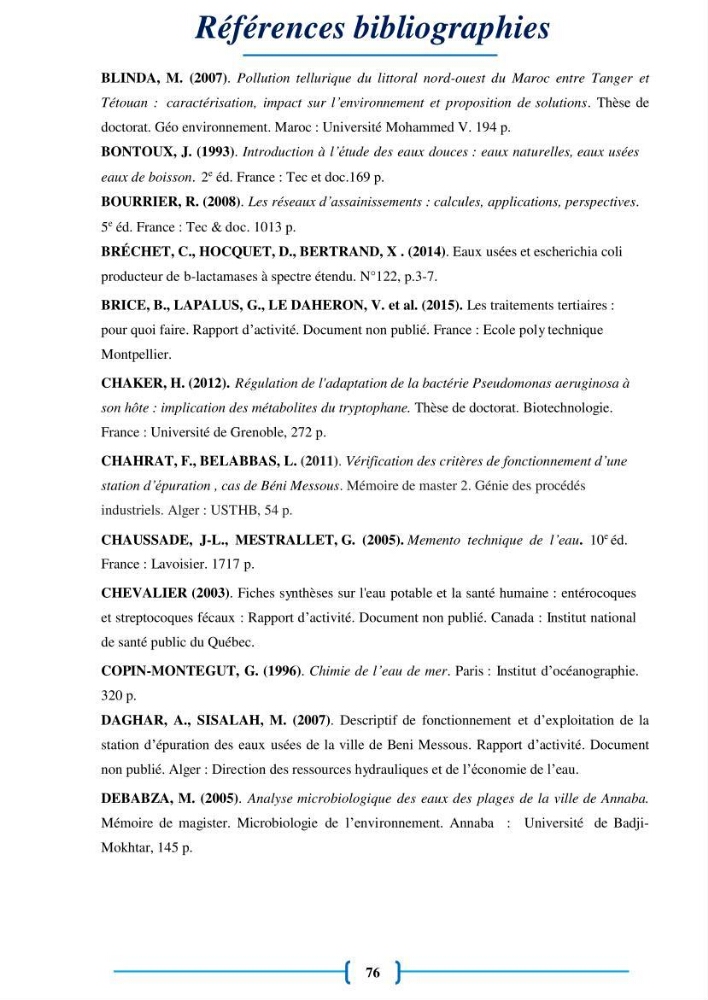 Evaluation des paramètres physico-chimiques et bactériologiques au niveau de la plage El Bahdja avec les apports de l\'Oued Béni-Messous
