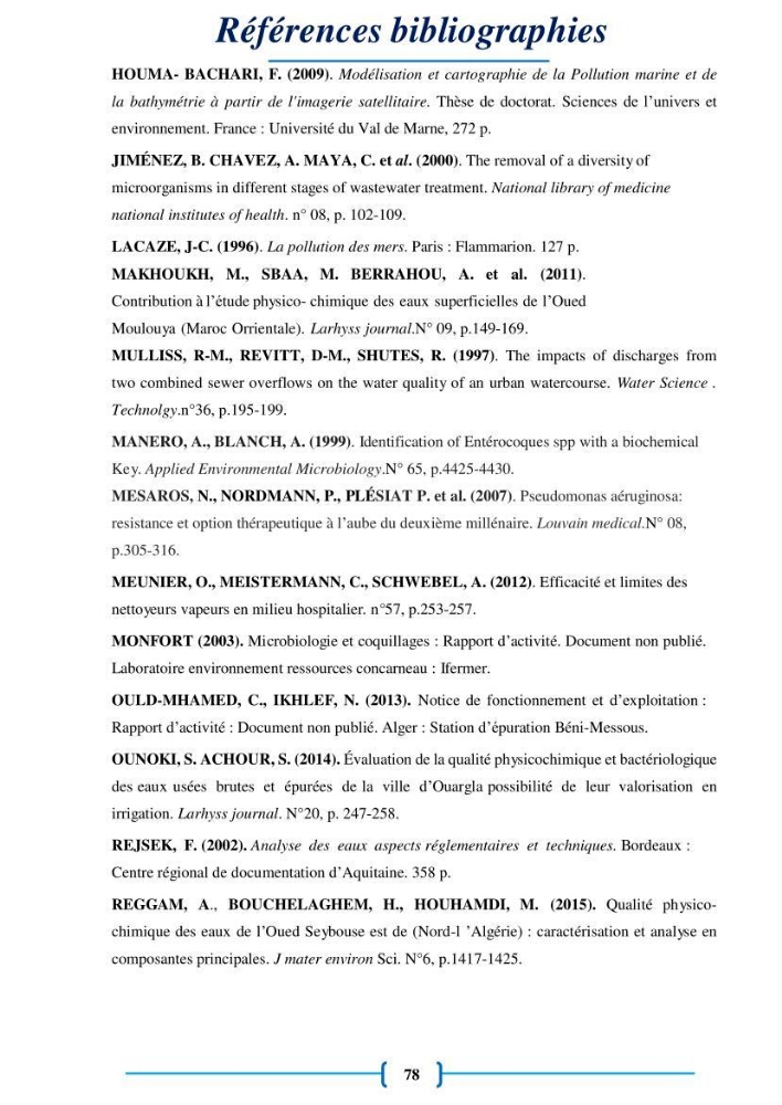Evaluation des paramètres physico-chimiques et bactériologiques au niveau de la plage El Bahdja avec les apports de l\'Oued Béni-Messous