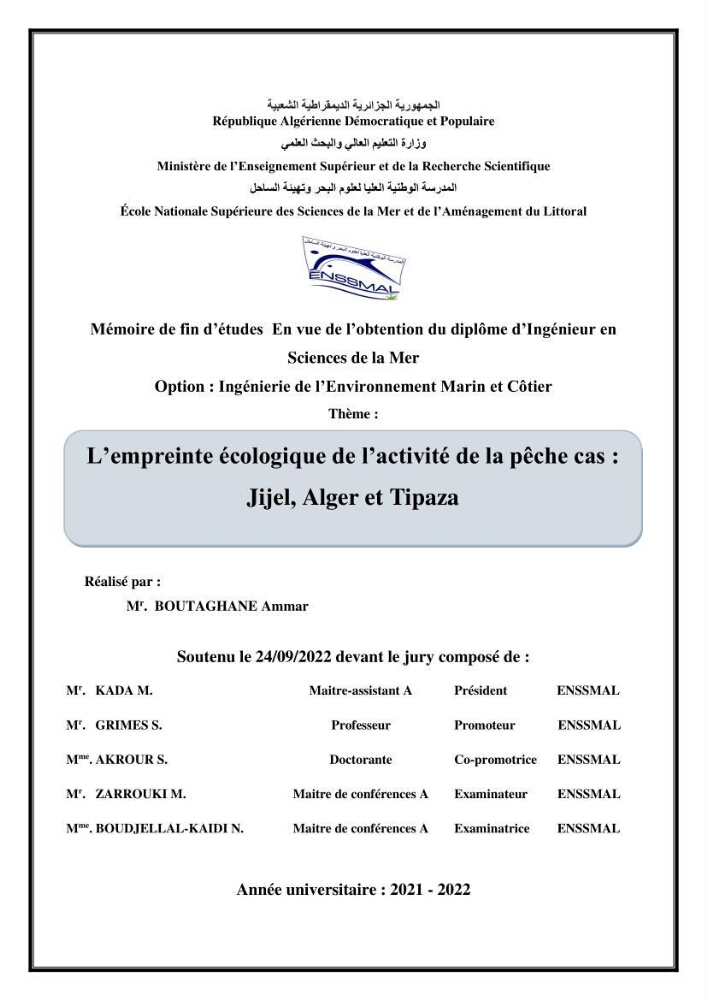 L’empreinte écologique de l’activité de la pêche cas: Jijel, Alger et Tipaza.
