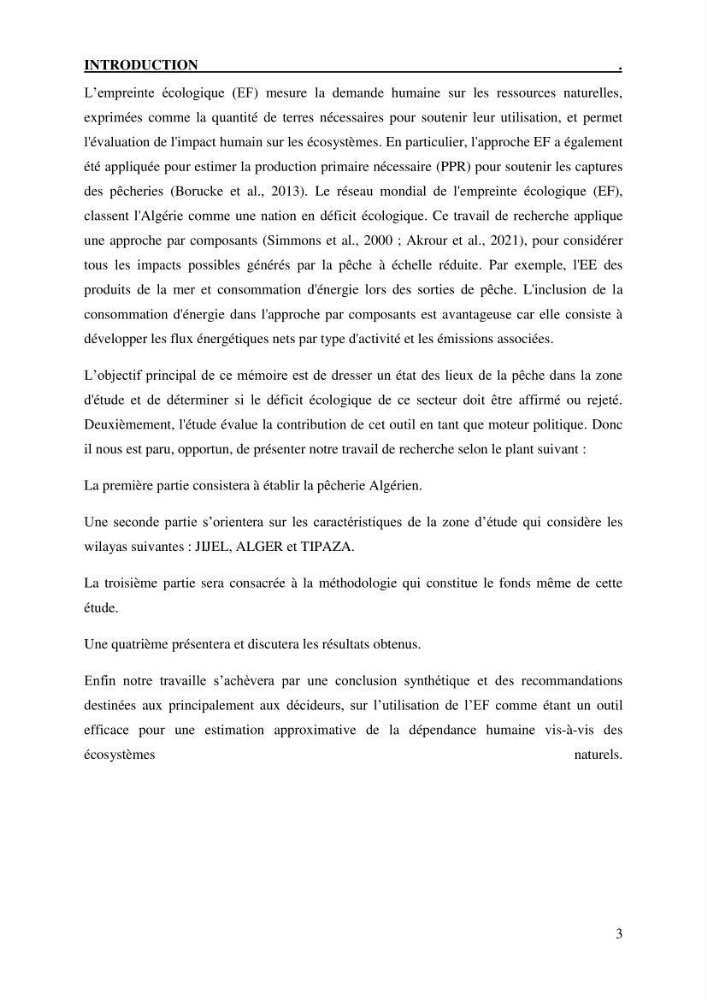 L’empreinte écologique de l’activité de la pêche cas: Jijel, Alger et Tipaza.