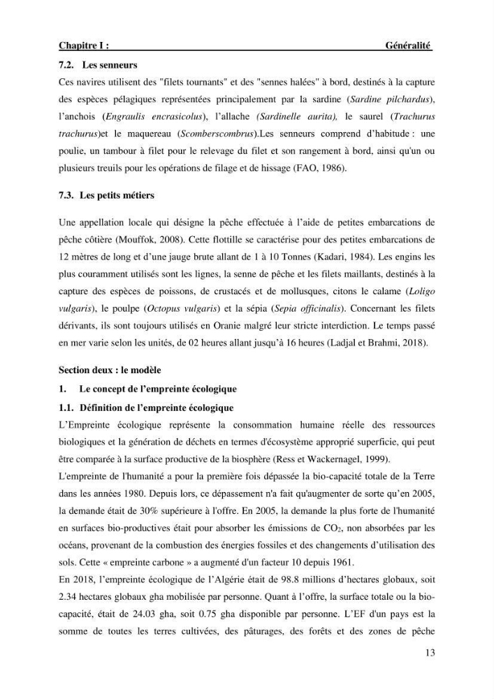 L’empreinte écologique de l’activité de la pêche cas: Jijel, Alger et Tipaza.