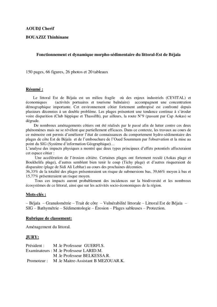 Fonctionnement et dynamique morpho-sédimentaire du littoral Est de Béjaia