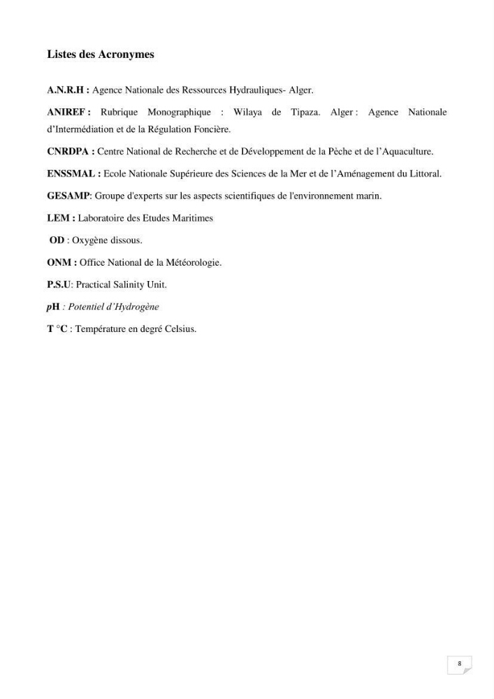 Suivi des paramètres physico-chimique et des sels nutritifs dans la baie de Bou Ismail