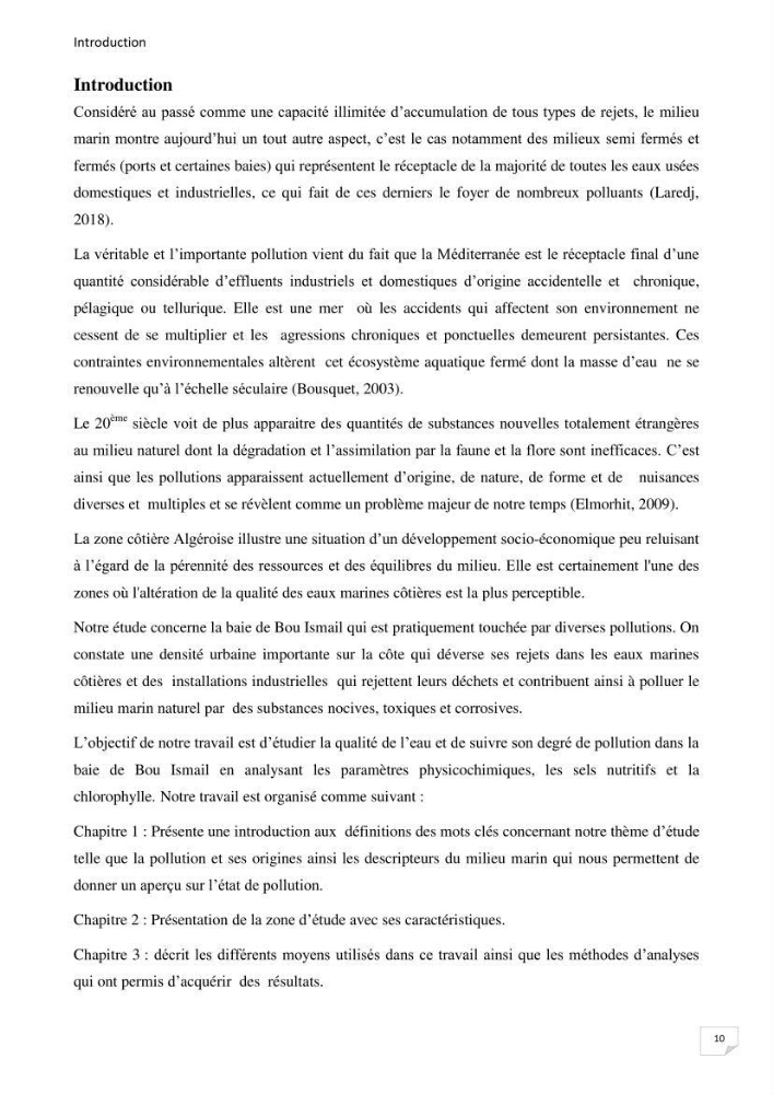 Suivi des paramètres physico-chimique et des sels nutritifs dans la baie de Bou Ismail