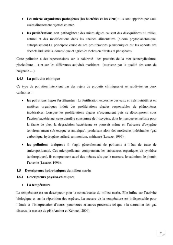 Suivi des paramètres physico-chimique et des sels nutritifs dans la baie de Bou Ismail