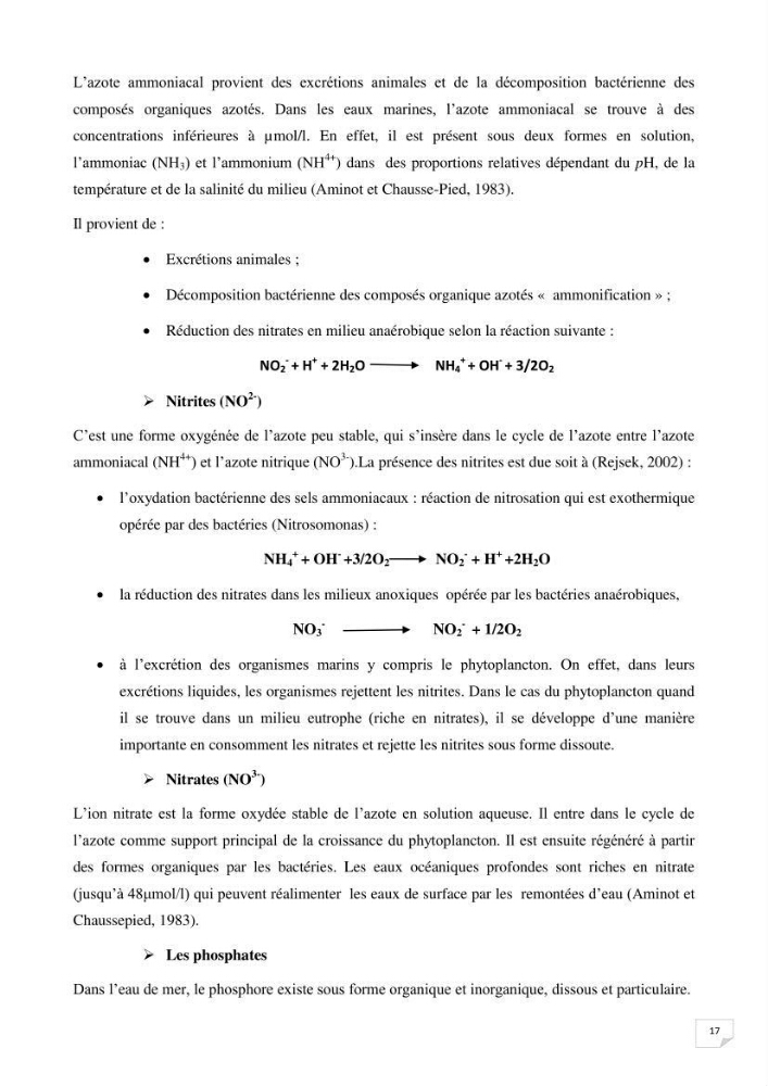 Suivi des paramètres physico-chimique et des sels nutritifs dans la baie de Bou Ismail