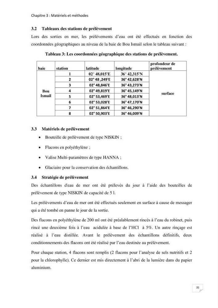 Suivi des paramètres physico-chimique et des sels nutritifs dans la baie de Bou Ismail