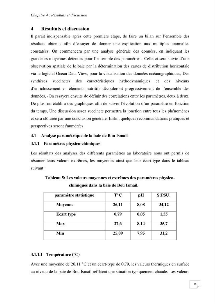 Suivi des paramètres physico-chimique et des sels nutritifs dans la baie de Bou Ismail