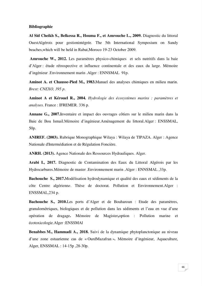 Suivi des paramètres physico-chimique et des sels nutritifs dans la baie de Bou Ismail