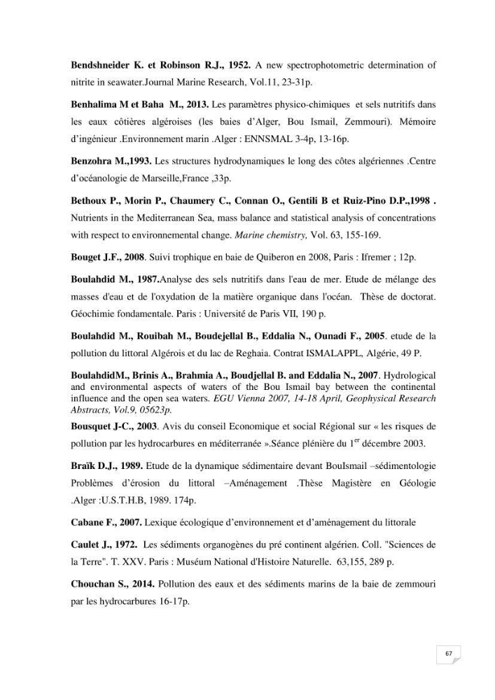 Suivi des paramètres physico-chimique et des sels nutritifs dans la baie de Bou Ismail