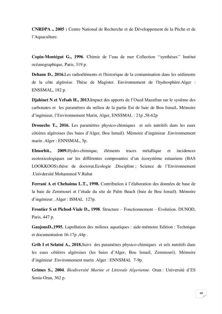 Suivi des paramètres physico-chimique et des sels nutritifs dans la baie de Bou Ismail