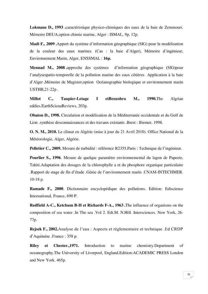 Suivi des paramètres physico-chimique et des sels nutritifs dans la baie de Bou Ismail