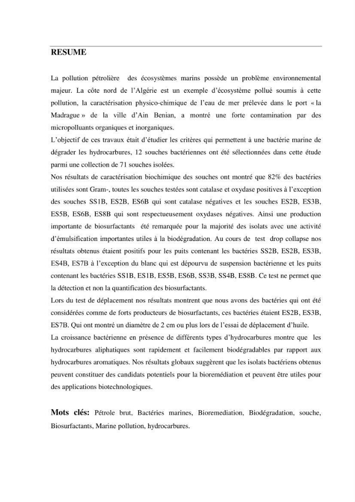 Isolement et caracterisation des bactéries degradants les différentes fractions du pétrol: Cas d’étude port de la Madrague, Ain Benian.