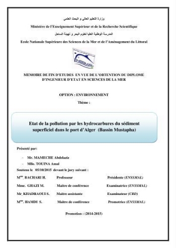 Etat de la pollution par les hydrocarbures du sédiment superficiel dans le port d'Alger Etat de la pollution par les hydrocarbures du sédiment superficiel dans le port d'Alger