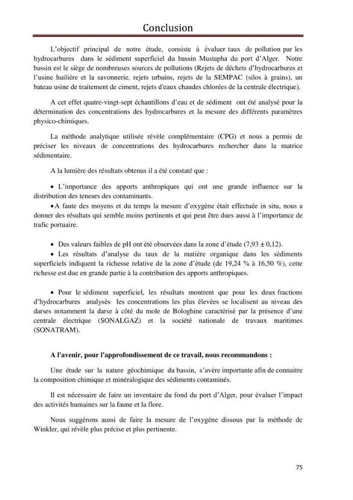 Etat de la pollution par les hydrocarbures du sédiment superficiel dans le port d\'Alger