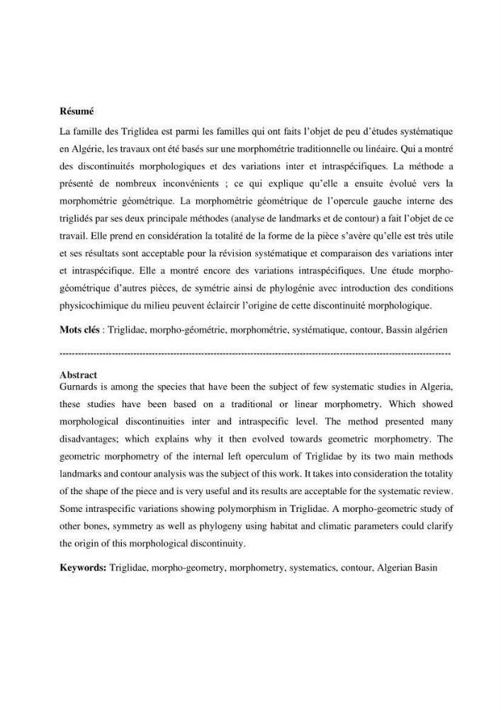 Contribution à l’étude des Triglidae ( Actinopteri, Perciformes ) de la côte algérienne: morphométrie géométrique et analyse du contour de l\'opercule