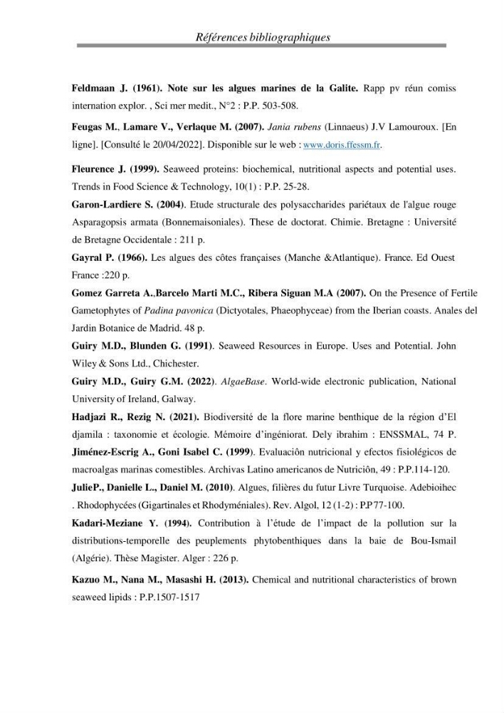 Etude de quelques algues marines de la région de Tipaza: systématique et valorisation