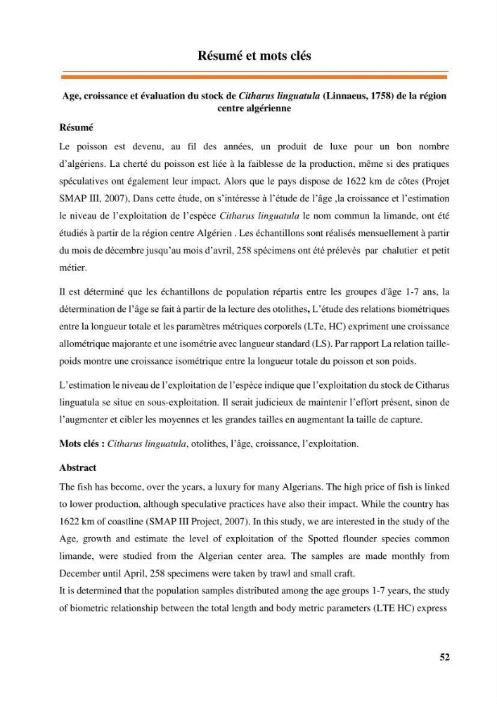Age,croissance et évaluation du stock de citharus linguatula linnaeus, 1758 de la région centre algérienne :