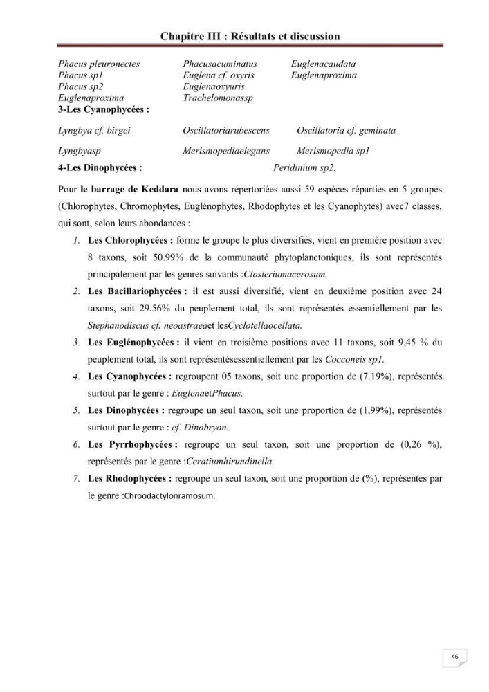 Etude comparative des peuplements phytoplanctoniques indicateurs de la qualité des eaux dans deux systèmes lacustres « le lac du barrage de Keddara(Boumerdes) et le lac de Réghaia(Alger) »