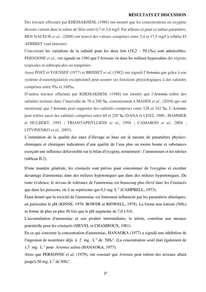 Mis en place des outils technologiques necessaires au developpement d\'un elevage d\'Artémia Salina du saline de Bethioua