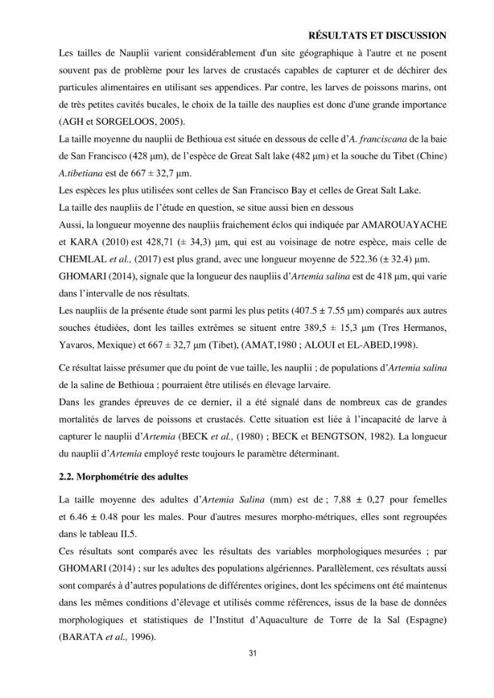 Mis en place des outils technologiques necessaires au developpement d\'un elevage d\'Artémia Salina du saline de Bethioua