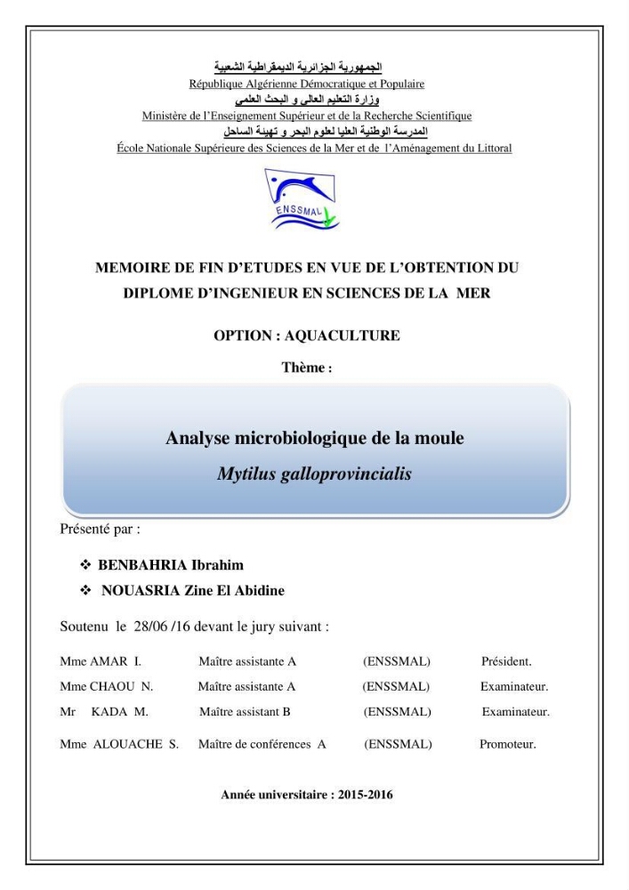 Analyse microbiologique de la moule Mytilus galloprovincialis: