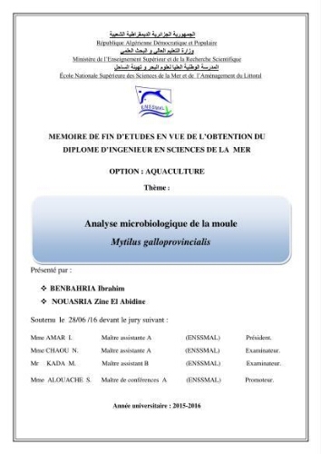 Analyse microbiologique de la moule Mytilus galloprovincialis: Analyse microbiologique de la moule Mytilus galloprovincialis: