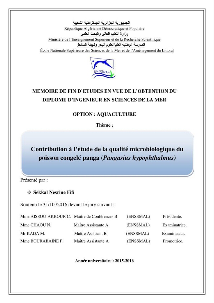Contribution à l\'étude de la qualité microbiologique du poisson congelé panga (Pangasius hypophthalmus):