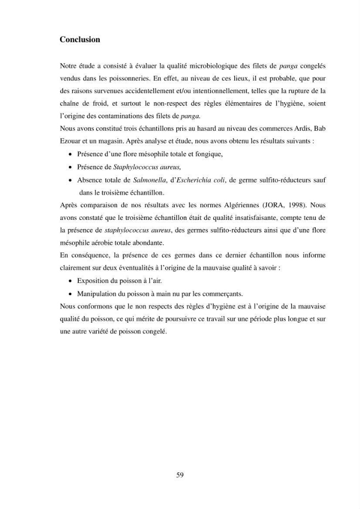 Contribution à l\'étude de la qualité microbiologique du poisson congelé panga (Pangasius hypophthalmus):