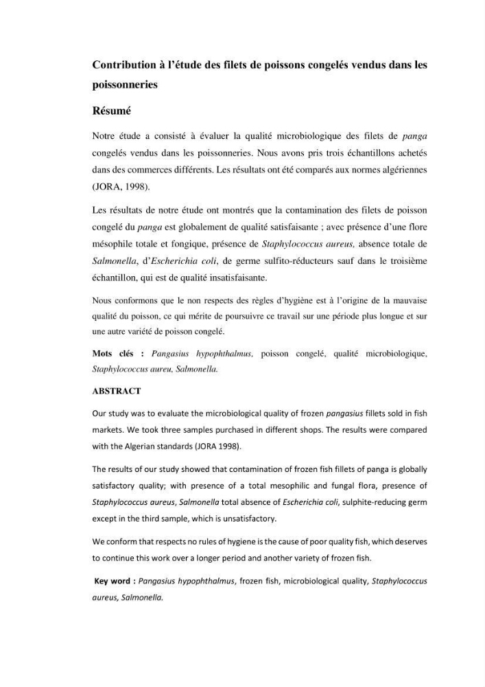 Contribution à l\'étude de la qualité microbiologique du poisson congelé panga (Pangasius hypophthalmus):