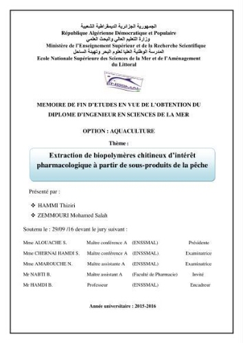 Extraction de biopolymères chitineux d'intérêt pharmacologique à partir de sous-produits de la pêche: Extraction de biopolymères chitineux d'intérêt pharmacologique à partir de sous-produits de la pêche: