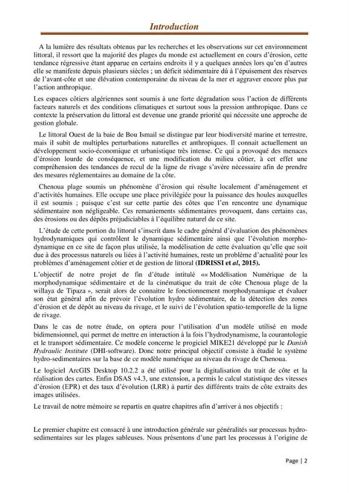 Modélisation Numérique de la morphodynamique sédimentaire et de la cinématique du trait de côte Chenoua plage, willaya de Tipaza.