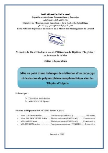 Mise au point d'une technique de réamisation d'un caryotype et évaluation du polymorphisme morphométrique chez les Tilapias d'Algérie: Mise au point d'une technique de réamisation d'un caryotype et évaluation du polymorphisme morphométrique chez les Tilapias d'Algérie: