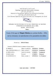 Essais d’élevage de Tilapia Nilotica en système biofloc : Effet sur la croissance, la reproduction et les paramètres du milieu: