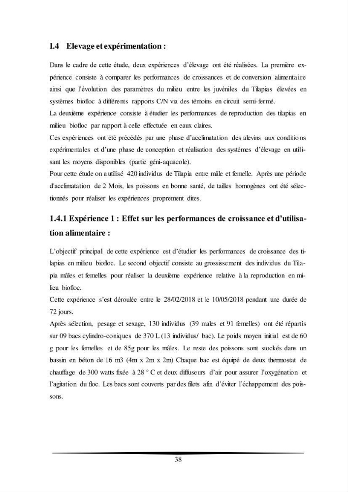 Essais d’élevage de Tilapia Nilotica en système biofloc : Effet sur la croissance, la reproduction et les paramètres du milieu:
